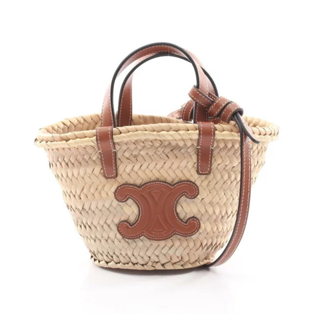 Celine Triomphe Panier Handbag Leather Raffia Beige Cream Brown